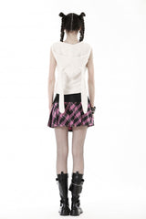 Black/Pink Women's Punk Grunge Zippered Faux Leather Spliced Plaid Pleated Mini Skirt - Product - 4