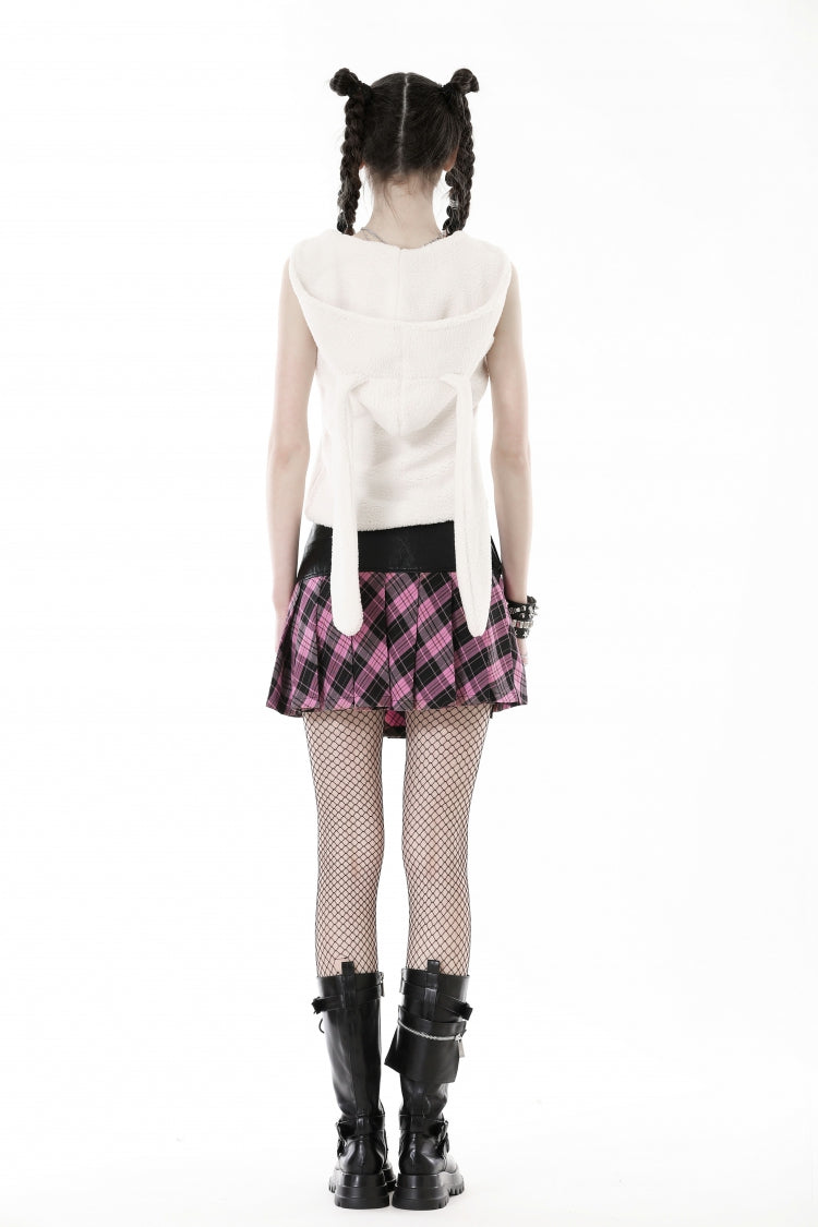 Black/Pink Women's Punk Grunge Zippered Faux Leather Spliced Plaid Pleated Mini Skirt - Product - 4