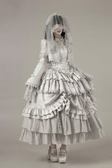 Solid Color [Bionic Doll] Square Collar Multi-Layered Ruffle Bowknot Lace-Up Gothic Lolita Long Skirt Corset Set - Product - 24