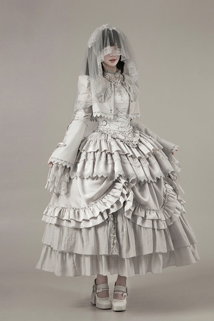 Solid Color [Bionic Doll] Square Collar Multi-Layered Ruffle Bowknot Lace-Up Gothic Lolita Long Skirt Corset Set - Product - 24