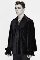 Black Velvet Elastic Lantern Sleeves Mens Gothic Blouse - Product - 2