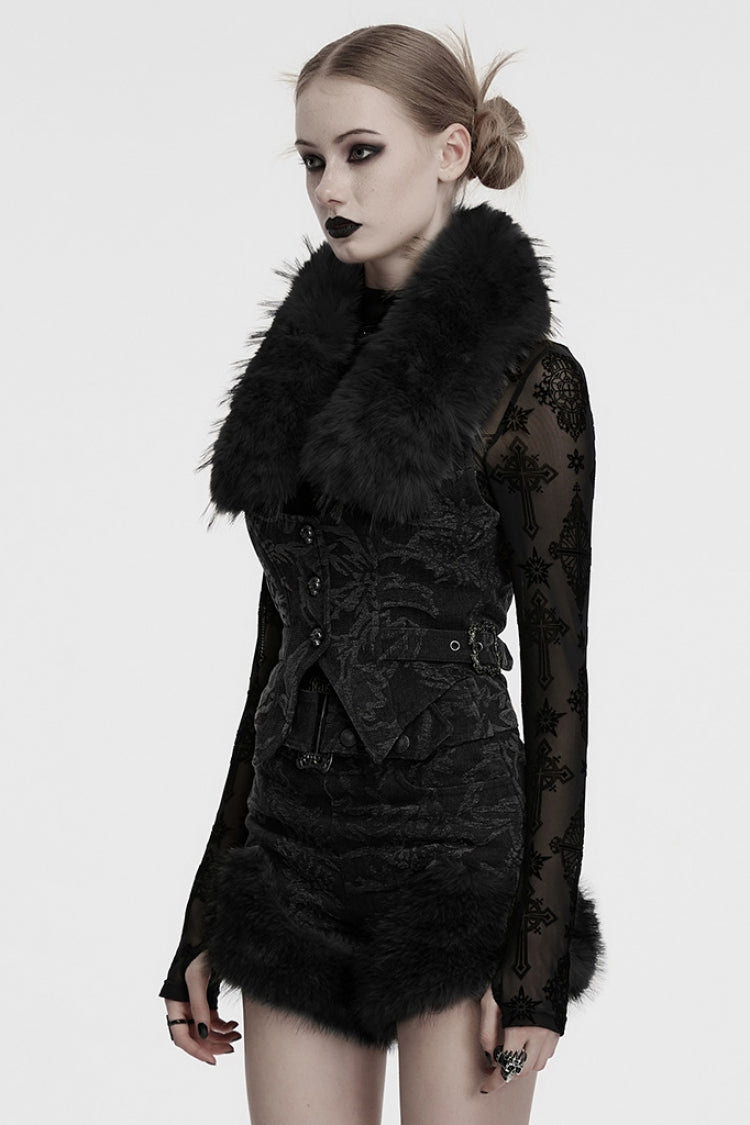 Black Halterneck Sleeveless Jacquard Women's Gothic Vest with Faux Fur Collar - Product - 2