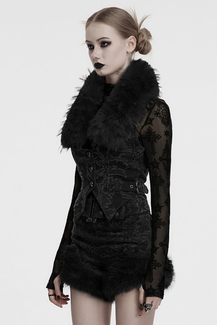 Black Halterneck Sleeveless Jacquard Women's Gothic Vest with Faux Fur Collar - Product - 2