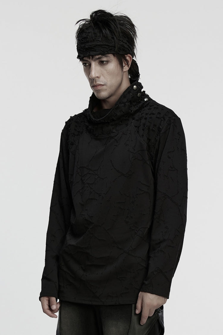 Black Stand Collar Long Sleeves Embroidered Ripped Studded Loose Men's Punk T-Shirt - Product - 2