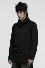 Black Stand Collar Long Sleeves Embroidered Ripped Studded Loose Men's Punk T-Shirt - Product - 2