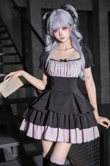 Classic Square Collar Halterneck Short Sleeves Triple-Layered Printed Ruffled Bow Cool Lolita Dress Set 2 Colors(Black, Grey) - Product - 11