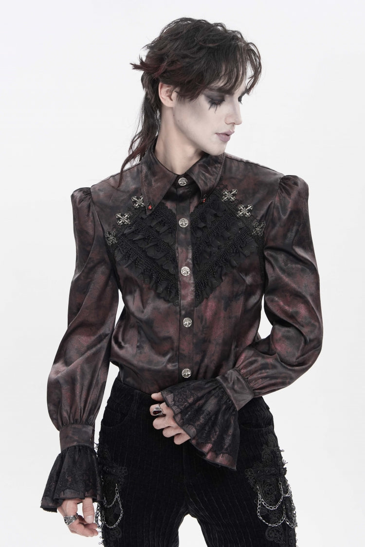 Red  Cross Spider Turn-down Collar Long Trumpet Sleeves Printed Lace Men's Gothic Shirt - Product - 12