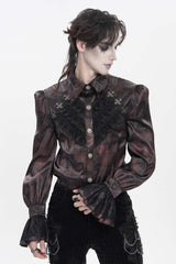 Red  Cross Spider Turn-down Collar Long Trumpet Sleeves Printed Lace Men's Gothic Shirt - Product - 12