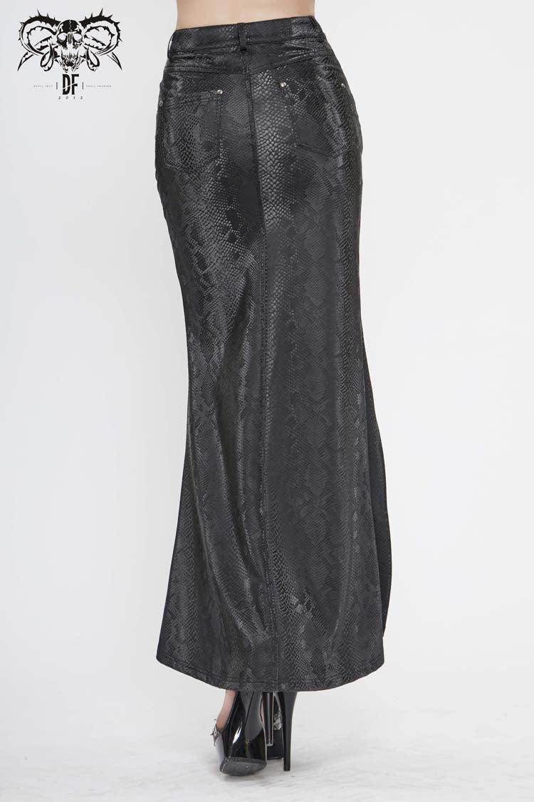 Black Snake Like Leather Side Slit Hem Lace Up Rivet Long Women's Punk Skirt - Product - 4