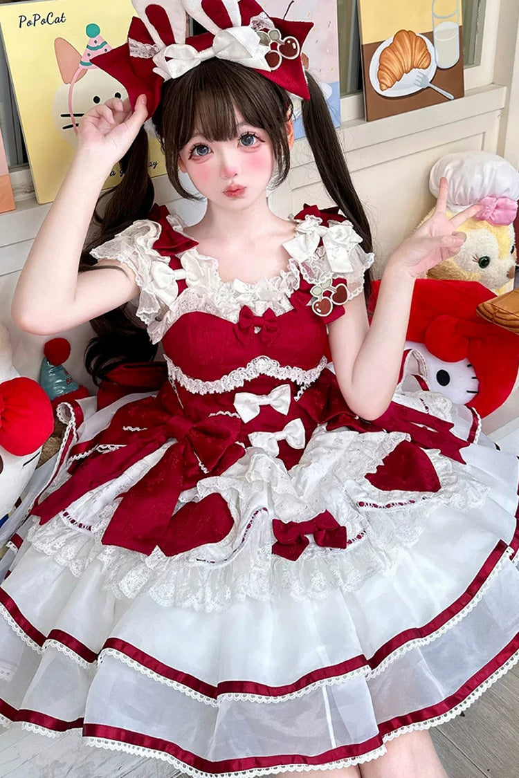 Red [Velvet Rabbit] Sleeveless Multi-Layered Ruffled Bow Sweet Lolita Jsk Dress Set - Product - 2