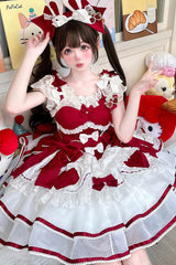 Red [Velvet Rabbit] Sleeveless Multi-Layered Ruffled Bow Sweet Lolita Jsk Dress Set - Product - 2