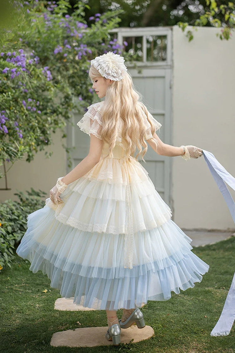 Blue [Sincere Vow] Edwardian Collar Short Sleeves Ombre Multi-Layered Ruffled Embroidered Sweet Lolita Dress - Product - 18
