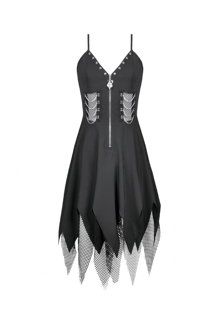 Black Sleeveless Mesh Spliced Studded Zipper Women's Punk Slip Dress - Product - 3
