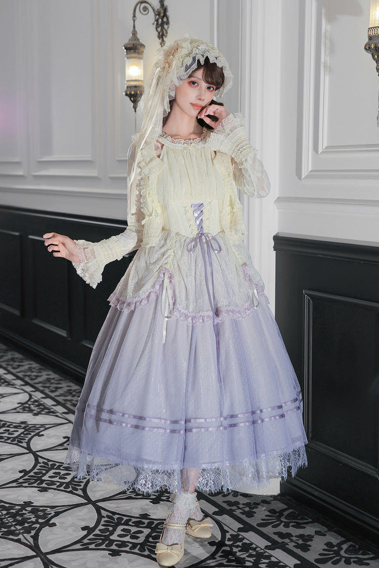 [Tulip Scent] Halterneck Sleeveless Printed Ruffled Lace Lace-Up Fishbone Sweet Lolita Jsk Dress Set (Pink/Purple 2 Colors) - Product - 24