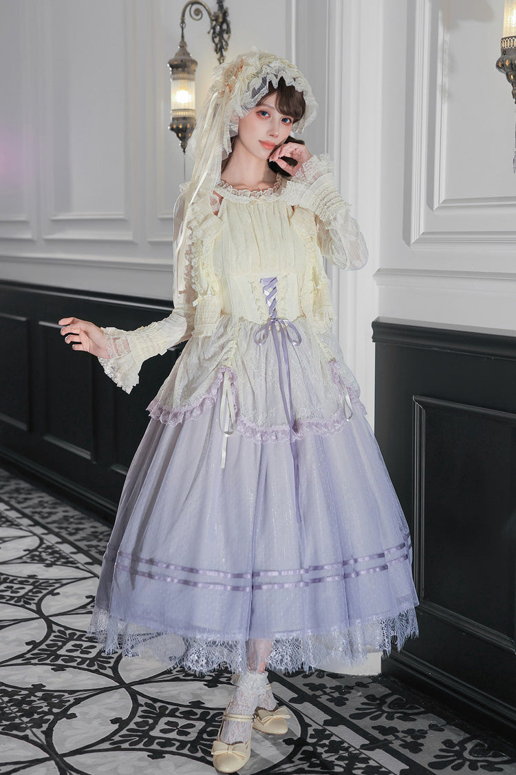 [Tulip Scent] Halterneck Sleeveless Printed Ruffled Lace Lace-Up Fishbone Sweet Lolita Jsk Dress Set (Pink/Purple 2 Colors) - Product - 24