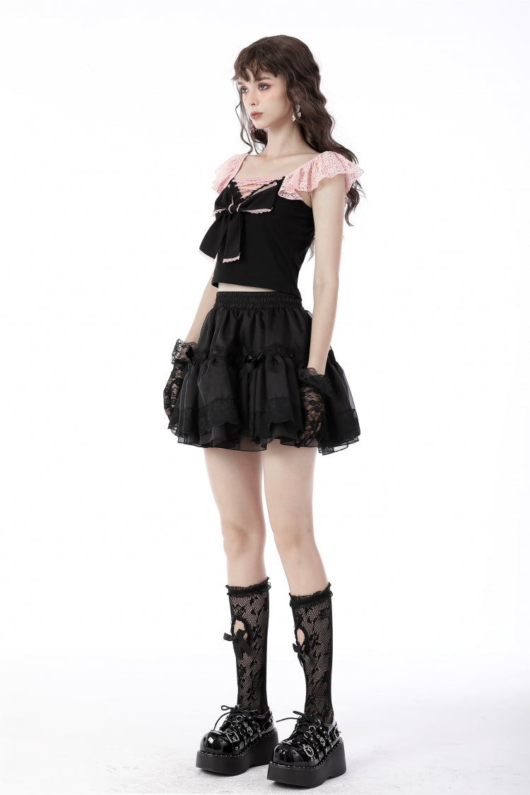 Black Women's Gothic Lolita Bowknot Multi-Layered Lace Trim Mini Skirt - Product - 8