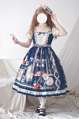 Dark Blue [Tea Party] Short Sleeves Print Ruffle Bowknot Lace Sweet Elegant Lolita Dress - Product - 7