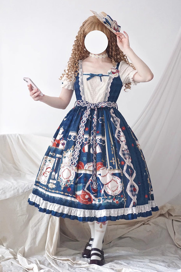 Dark Blue [Tea Party] Short Sleeves Print Ruffle Bowknot Lace Sweet Elegant Lolita Dress - Product - 7