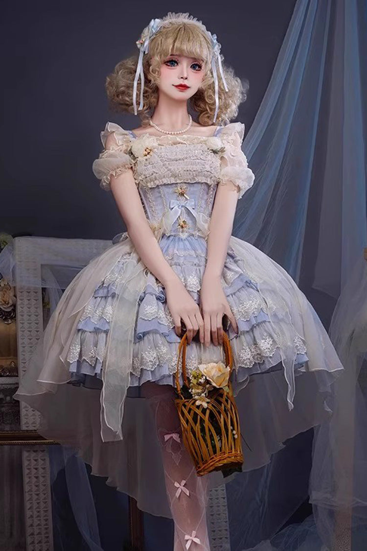 [Tears of Rose] Sleeveless Multi-Layered Ruffle Cardigan Bowknot Lace Sweet Ballet Lolita Jsk Dress 2 Colors - Blue - 1