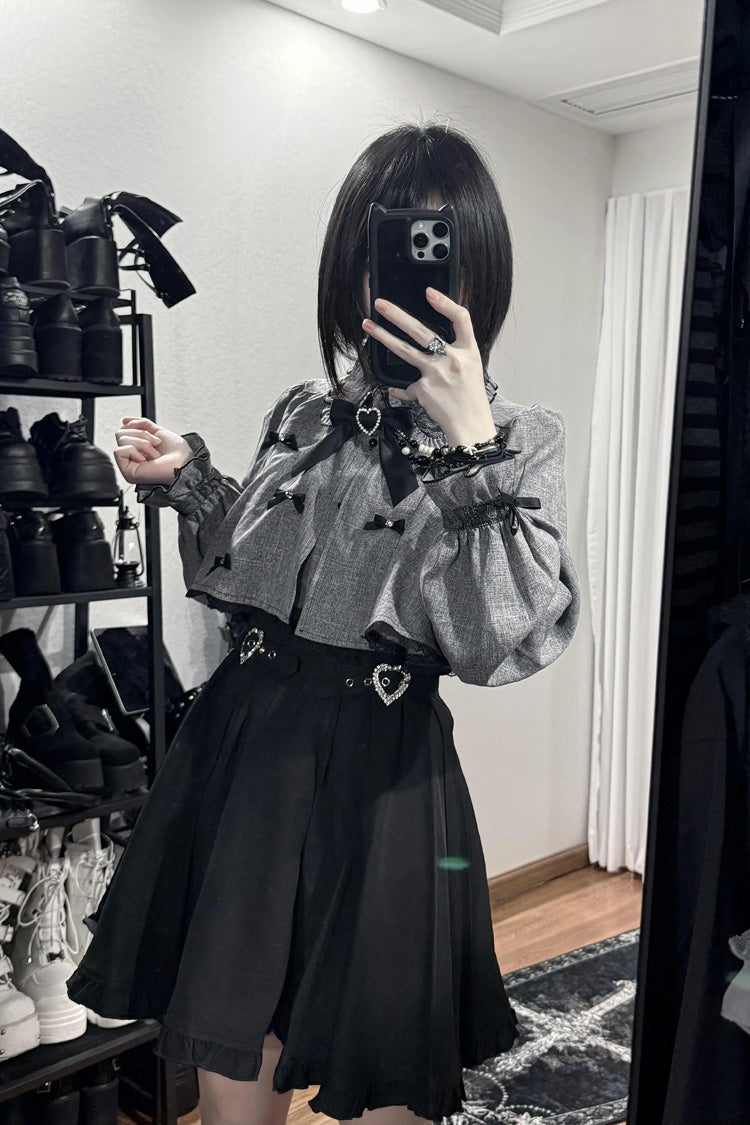 Black/Grey Long Sleeves Ruffled Double Heart Buckle Japanese Jirai Kei Set - Product - 2
