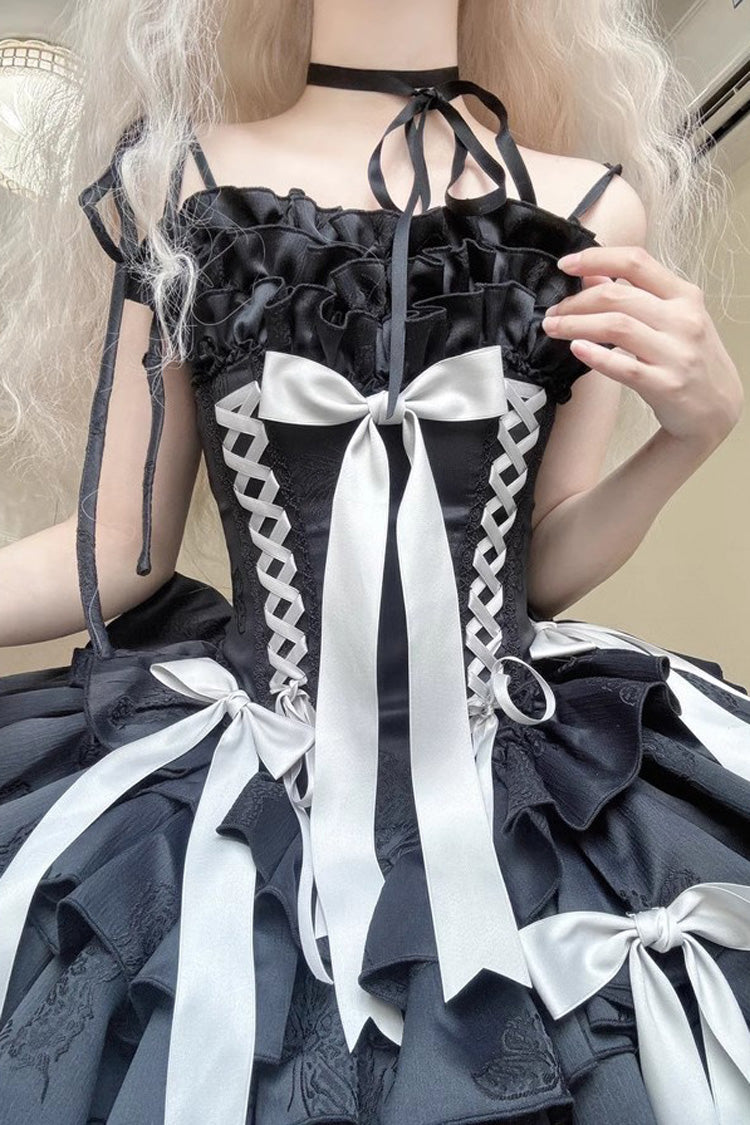 [Thousand Paper Cranes] Sleeveless Multi-Layered Ruffle Bowknot Lace-Up Fishbone Gothic Lolita Jsk Dress 4 Colors - Product - 3