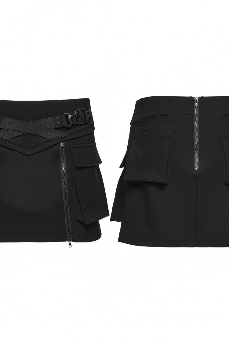 Black Lace-Up Zippered Women's Punk Cool  Big Pockets Techwear Skirt - Product - 6
