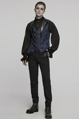 Black/Blue Lapel V-neck Sleeveless Jacquard Buckle Men's Gothic Vest - Product - 4