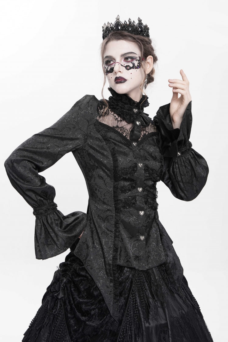 Black Stand Collar Long Sleeves Jacquard Hollow Lace Women's Gothic Blouse - Product - 6