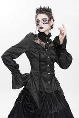 Black Stand Collar Long Sleeves Jacquard Hollow Lace Women's Gothic Blouse - Product - 6