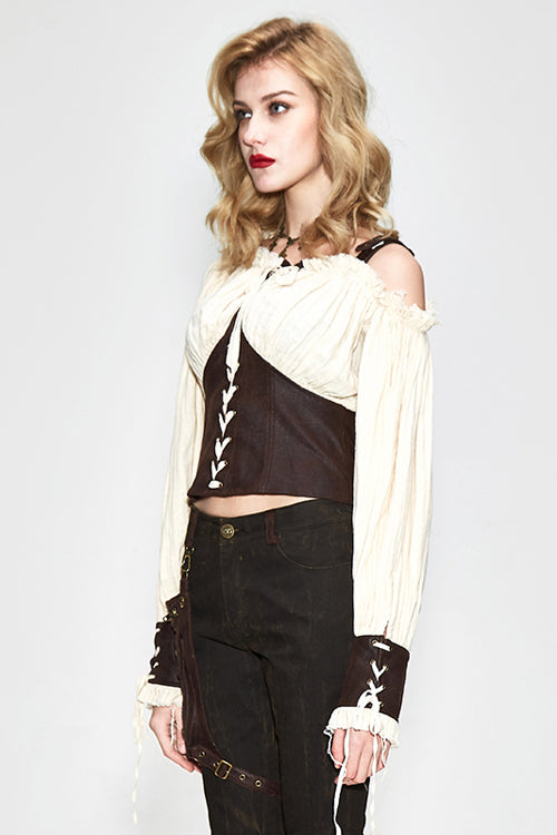 Beige Halterneck Vintage Sexy Slim Womens Punk Blouse - Product - 2