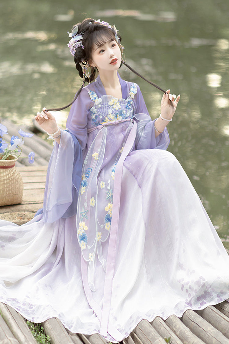 Purple [Princess Of The Sea] Hime Sleeves High Waisted Embroidered Women's Sweet Hanfu Dress Set - Product - 4