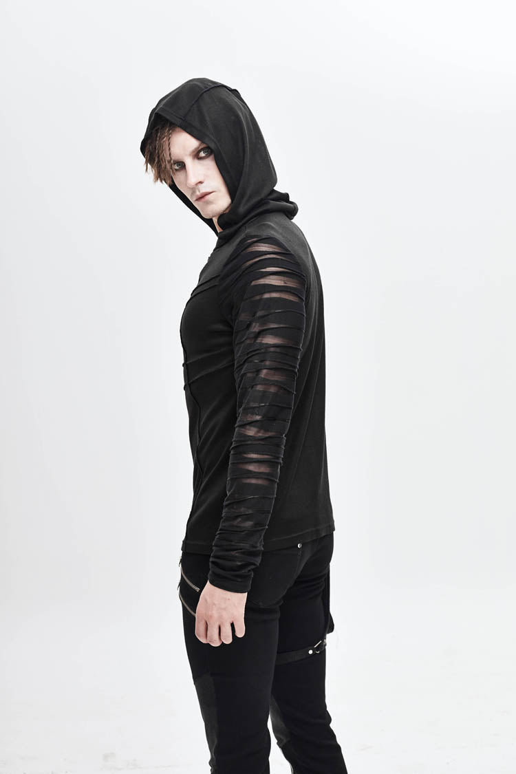 Black Collar Metal Button Irregular Striped Patchwork Bandage Hooded Men's Punk T-Shirt - Product - 2