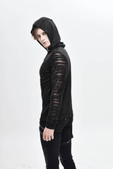 Black Collar Metal Button Irregular Striped Patchwork Bandage Hooded Men's Punk T-Shirt - Product - 2