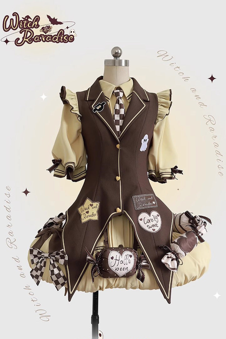 Brown/Yellow [Witch and Paradise] Short Sleeves Ruffle Bowknot Sweet Japanese Halloween Lolita Dress Vest Set - Product - 5