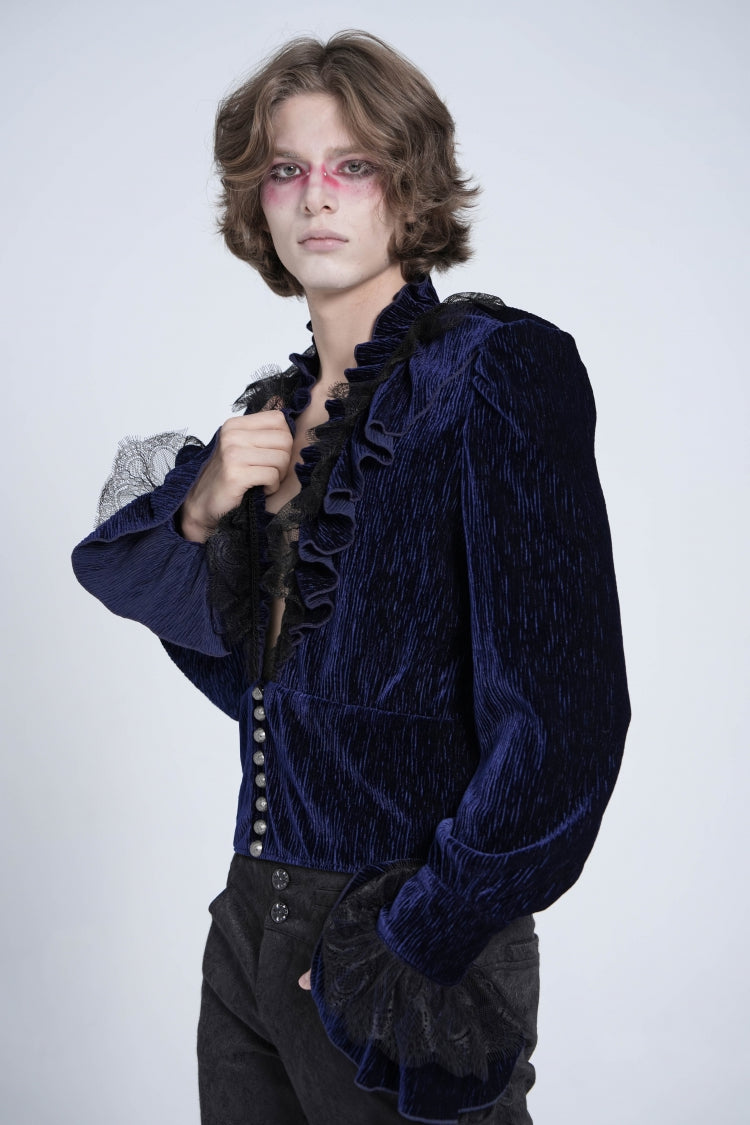 Blue V Collar Long Sleeves Ruffle Stitching Lace Men's Gothic Blouse - Product - 2