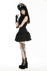 Black Lace Ruffled Stand Collar Bow Sleeveless Triple-Layered Hem Women's Gothic Dress - Product - 12