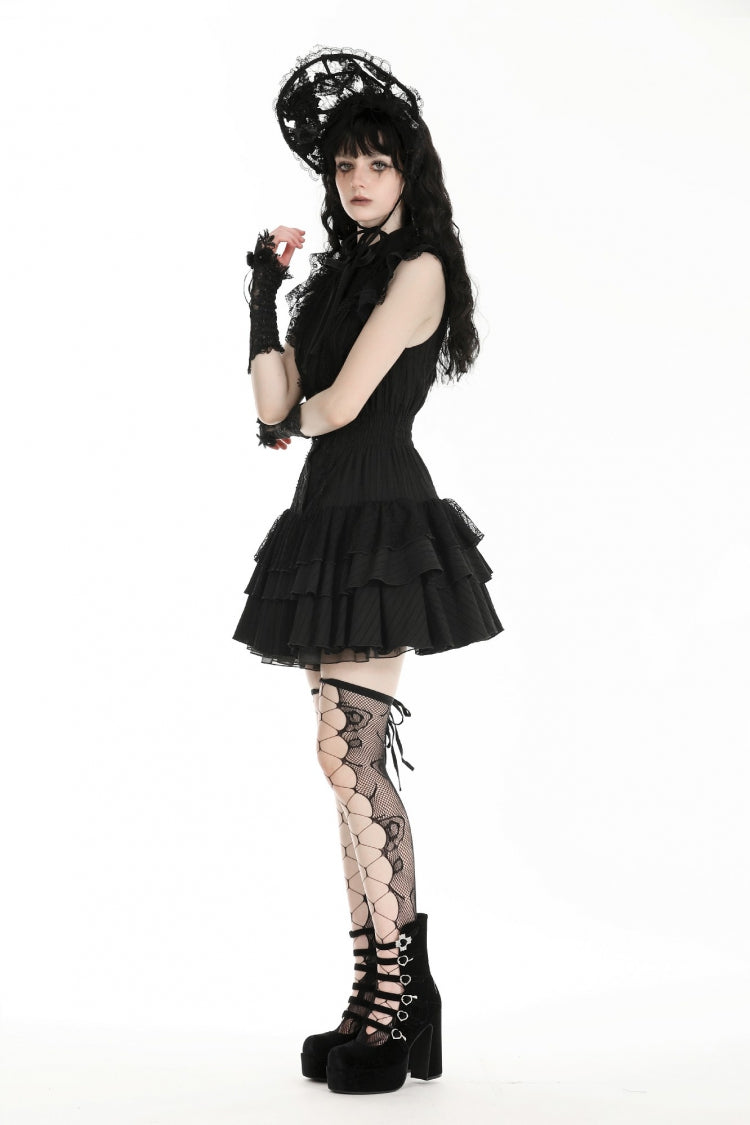 Black Lace Ruffled Stand Collar Bow Sleeveless Triple-Layered Hem Women's Gothic Dress - Product - 12