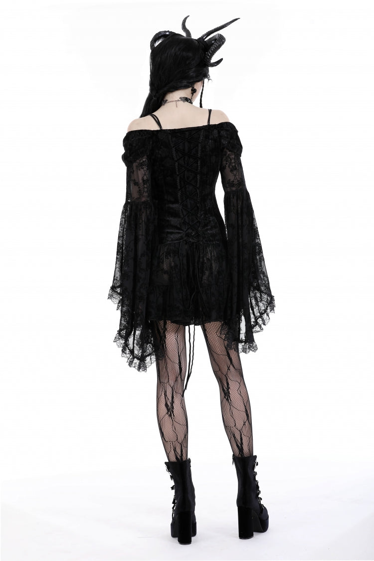 Black Off Shoulder Long Trumpet Sleeves Velvet Spliced Mesh Women's Gothic Graduation Dress - Product - 4