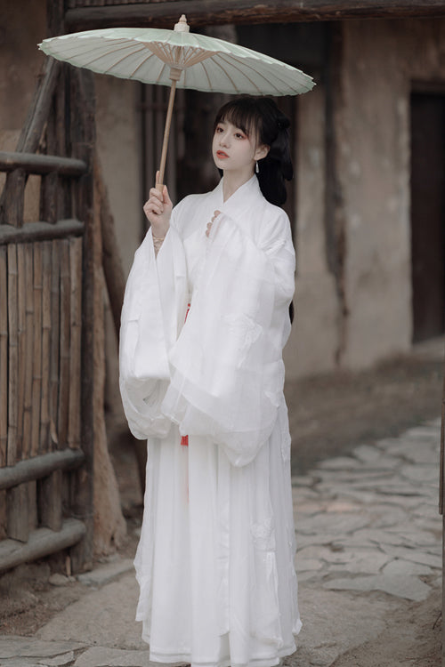 White Ancient Chinese Wide Sleeved God Girl Sweet Hanfu Dress Full Set - Product - 2