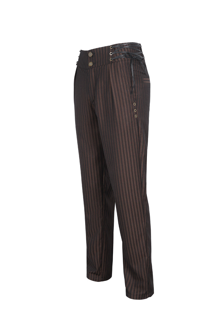 Brown High Waisted Lace-Up Striped Men's Gothic Pants - Product - 6