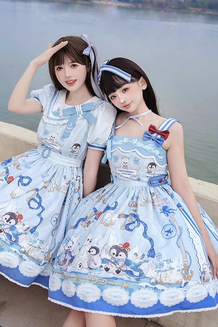 Blue [Penguin Navy] Short Sleeves Print Ruffle Bowknot Sweet Princess Lolita Dress - Product - 10