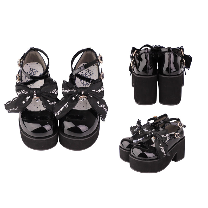Sweet Bowknot Lace Japanese Lolita Platform Shoes 2 Colors - Black - 2