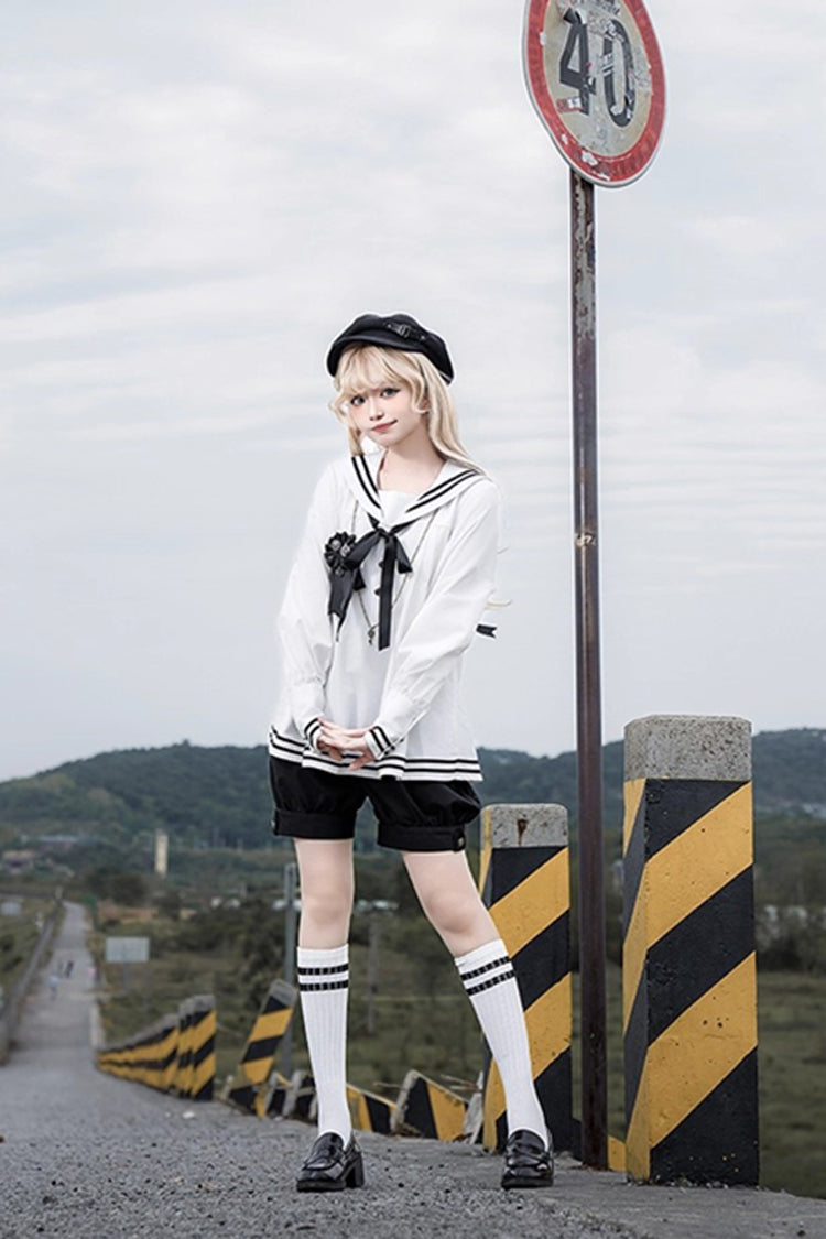 Black/White [Old Stories] Navy Collar Long Sleeves Bowknot Ouji Gothic Lolita Blouse Shorts Set - Product - 5