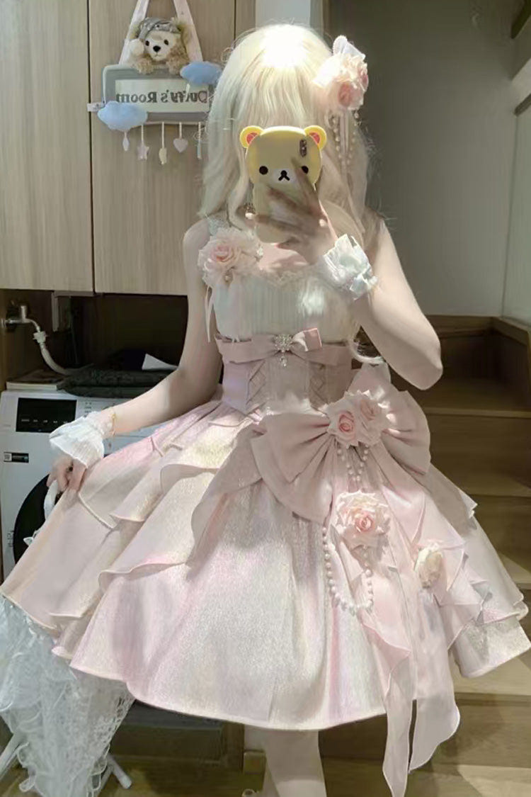 Pink [Rose Heart Knot] Ruffle Hanayome Bowknot Sweet Princess Gorgeous Lolita Jsk Dress - Product - 3