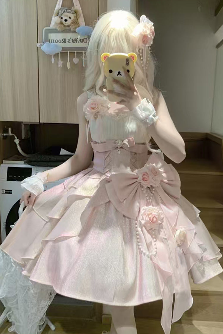 Pink [Rose Heart Knot] Ruffle Hanayome Bowknot Sweet Princess Gorgeous Lolita Jsk Dress - Product - 3