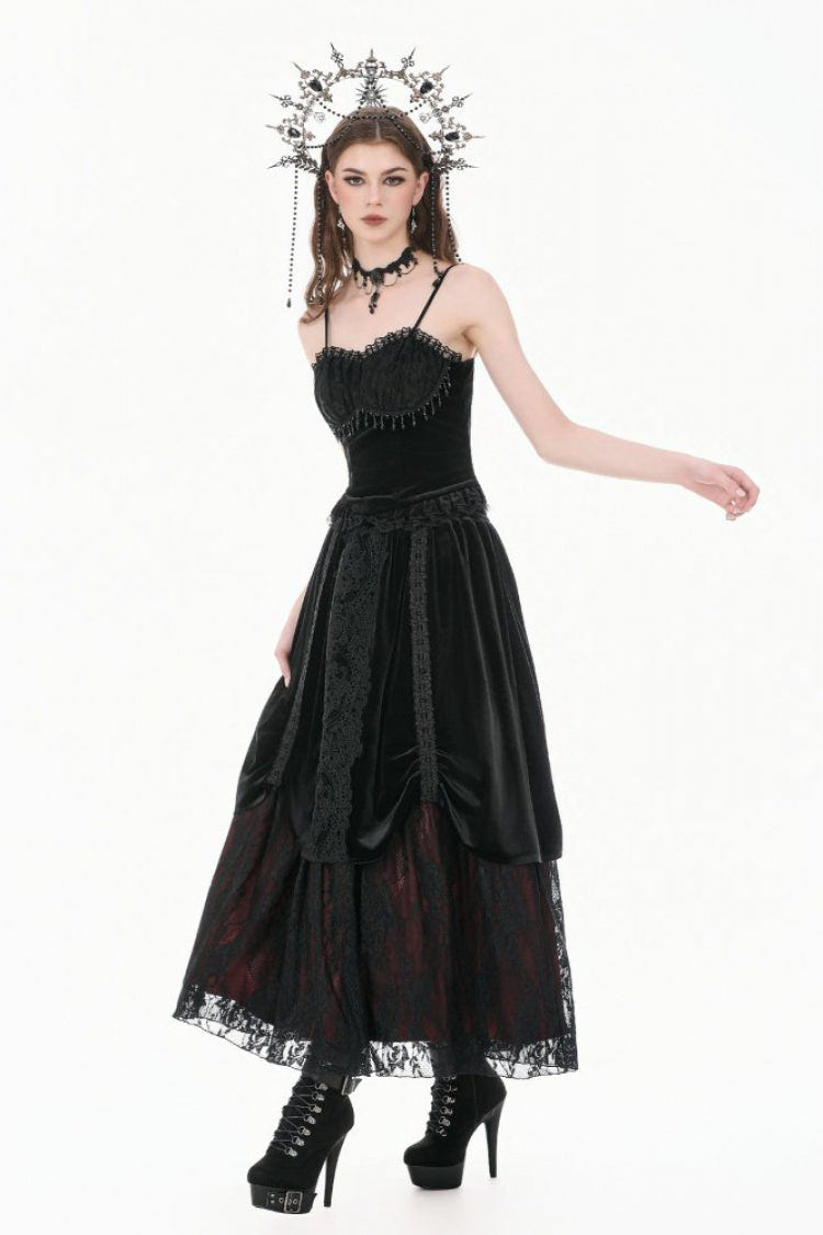 Black Lace Mesh Patchwork Velvet Women's Gothic Vintage Bustier with Beaded Tassel Drops - Product - 10