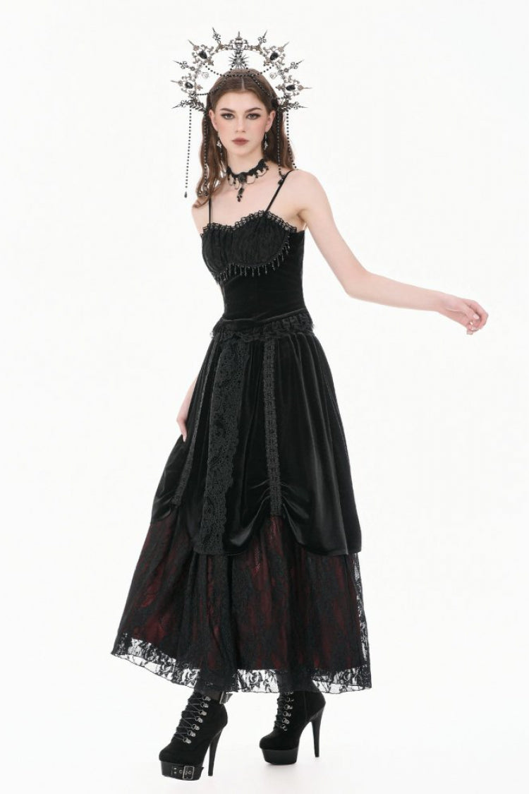 Black Lace Mesh Patchwork Velvet Women's Gothic Vintage Bustier with Beaded Tassel Drops - Product - 10