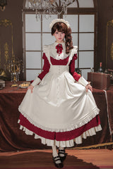 [Miss Lita] Stand Collar Long Lantern Sleeves Triple-Layered Ruffled Classic Elegant Maid Lolita Dress 2 Colors (Red, Black) - Product - 13