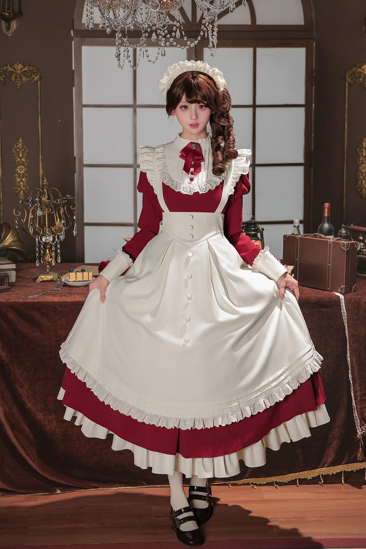[Miss Lita] Stand Collar Long Lantern Sleeves Triple-Layered Ruffled Classic Elegant Maid Lolita Dress 2 Colors (Red, Black) - Product - 13