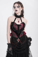 Red Halterneck Sleeveless Embroidery Stitching Rose Heart Lace Women's Gothic Blouse - Product - 2